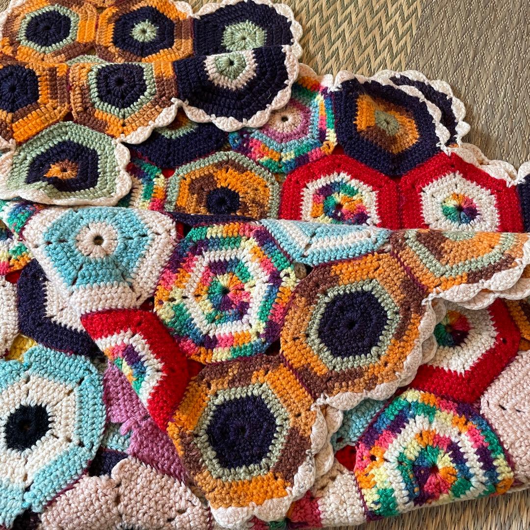 レア！60s〜70sアメリカアンティーク　多彩色ニットラグ　USAヴィンテージ