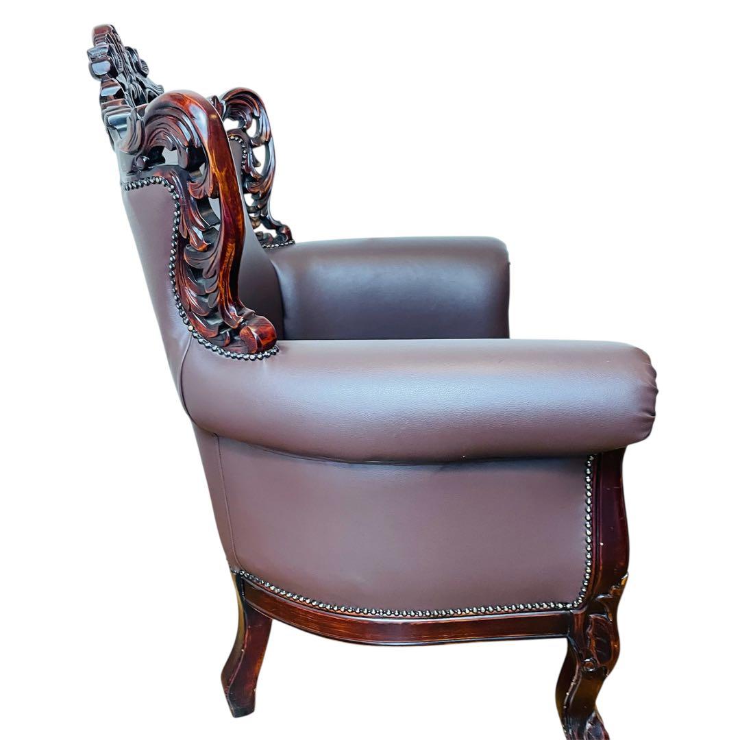 高級 アームチェア ソファ クラシック ヨーロピアン 1人掛け 鋲打ち 彫刻 革