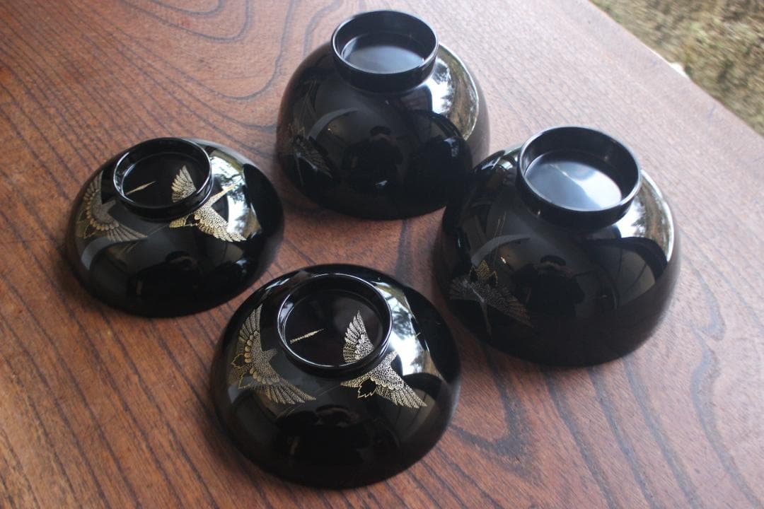 デッドストック！上質黒漆に極上鶴沈金の映えるお椀2点（検輪島塗沈金椀雑煮椀