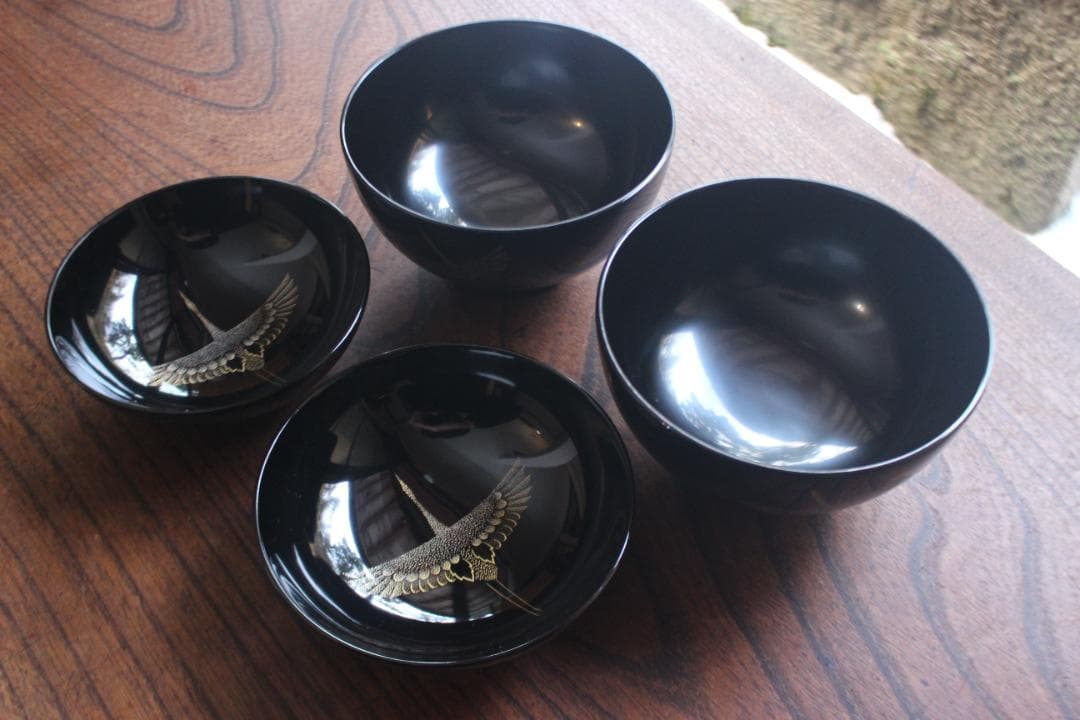 デッドストック！上質黒漆に極上鶴沈金の映えるお椀2点（検輪島塗沈金椀雑煮椀