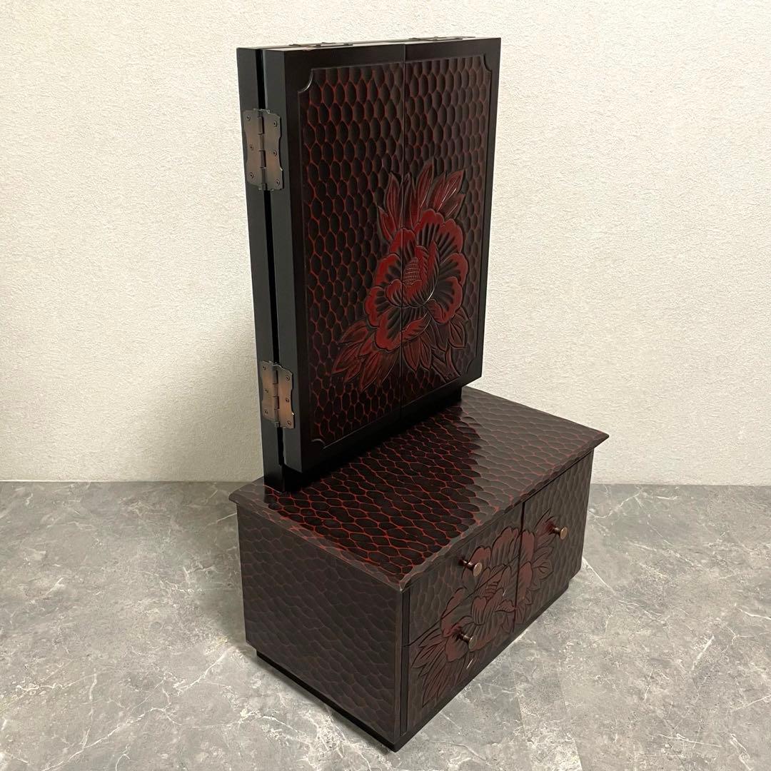 鎌倉彫 鏡台 三面鏡 木製 彫刻 牡丹花 昭和レトロ 和風 ドレッサー
