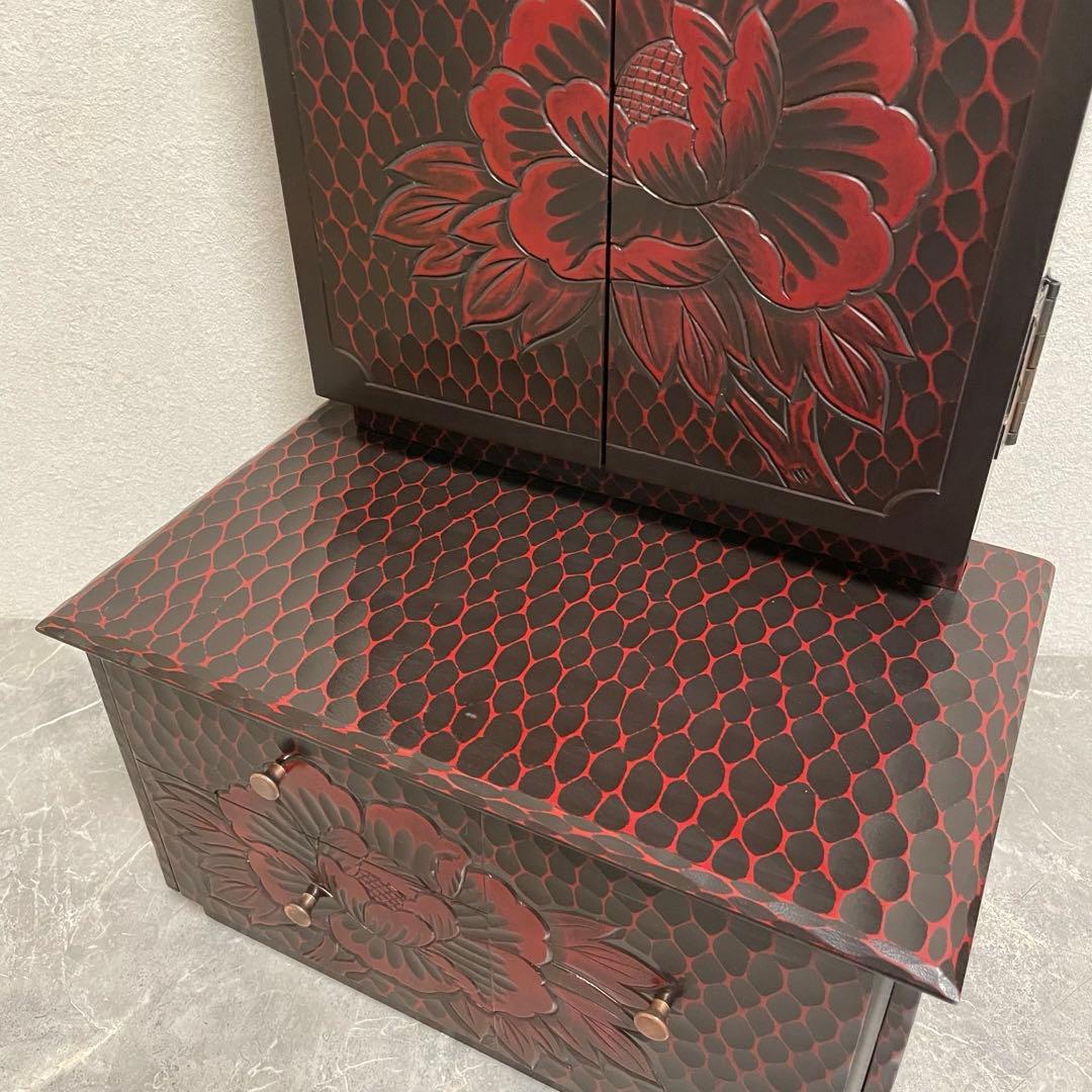 鎌倉彫 鏡台 三面鏡 木製 彫刻 牡丹花 昭和レトロ 和風 ドレッサー