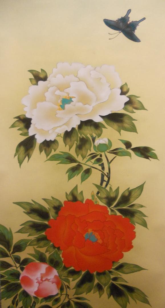 掛け軸 小川大鳳 牡丹に蝶 絹本 希少 軸装 茶道具 掛軸 美品 です。