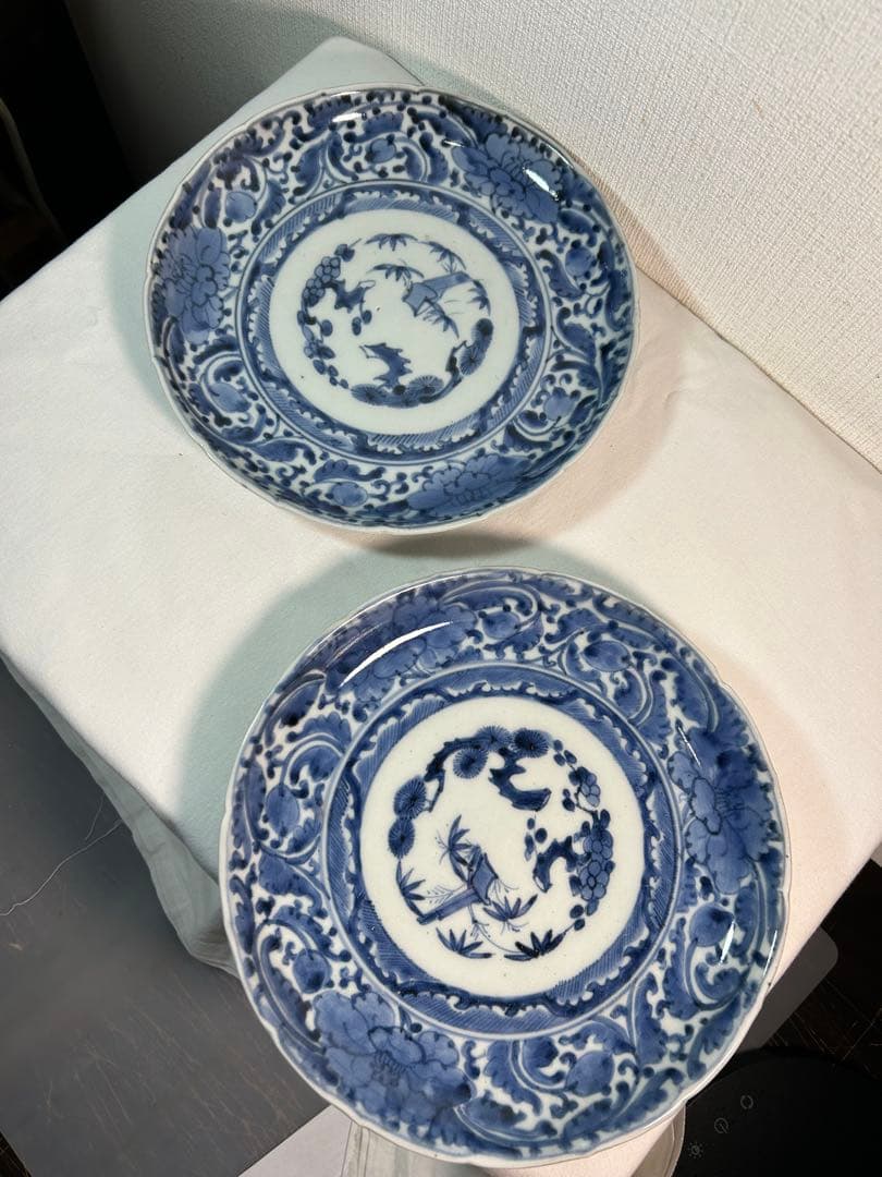 古伊万里染付7寸皿 牡丹唐草　江戸時代 2枚　無傷