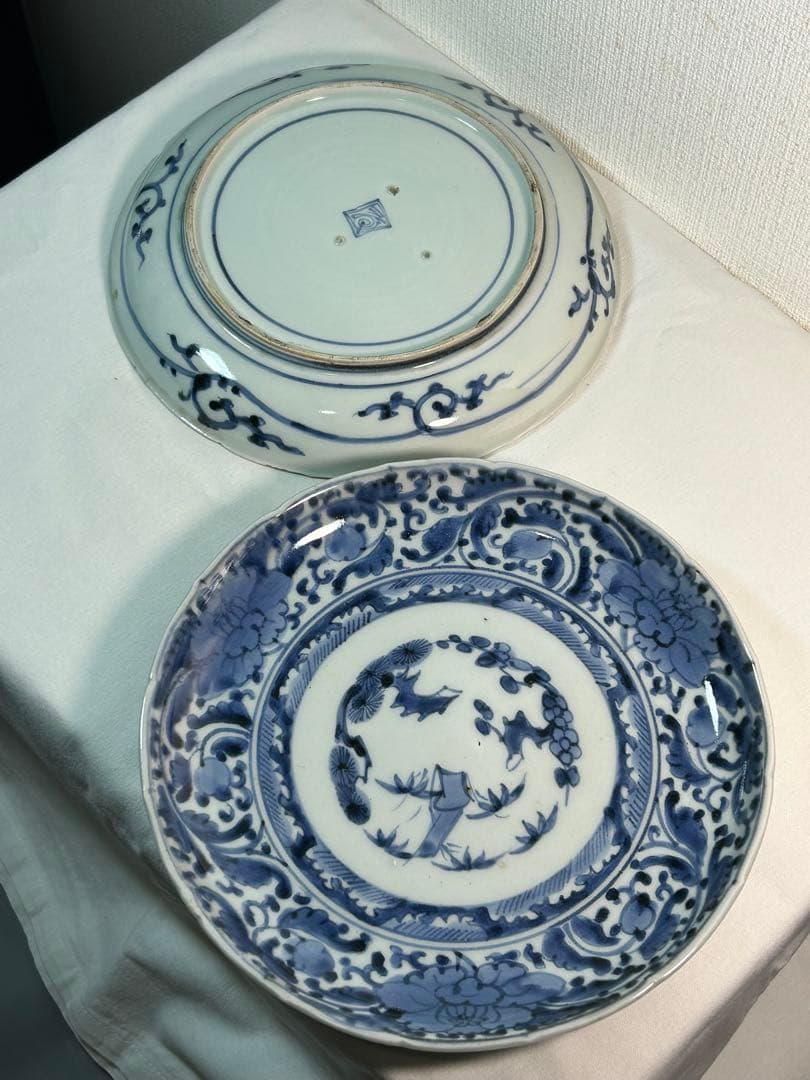 古伊万里染付7寸皿 牡丹唐草　江戸時代 2枚　無傷