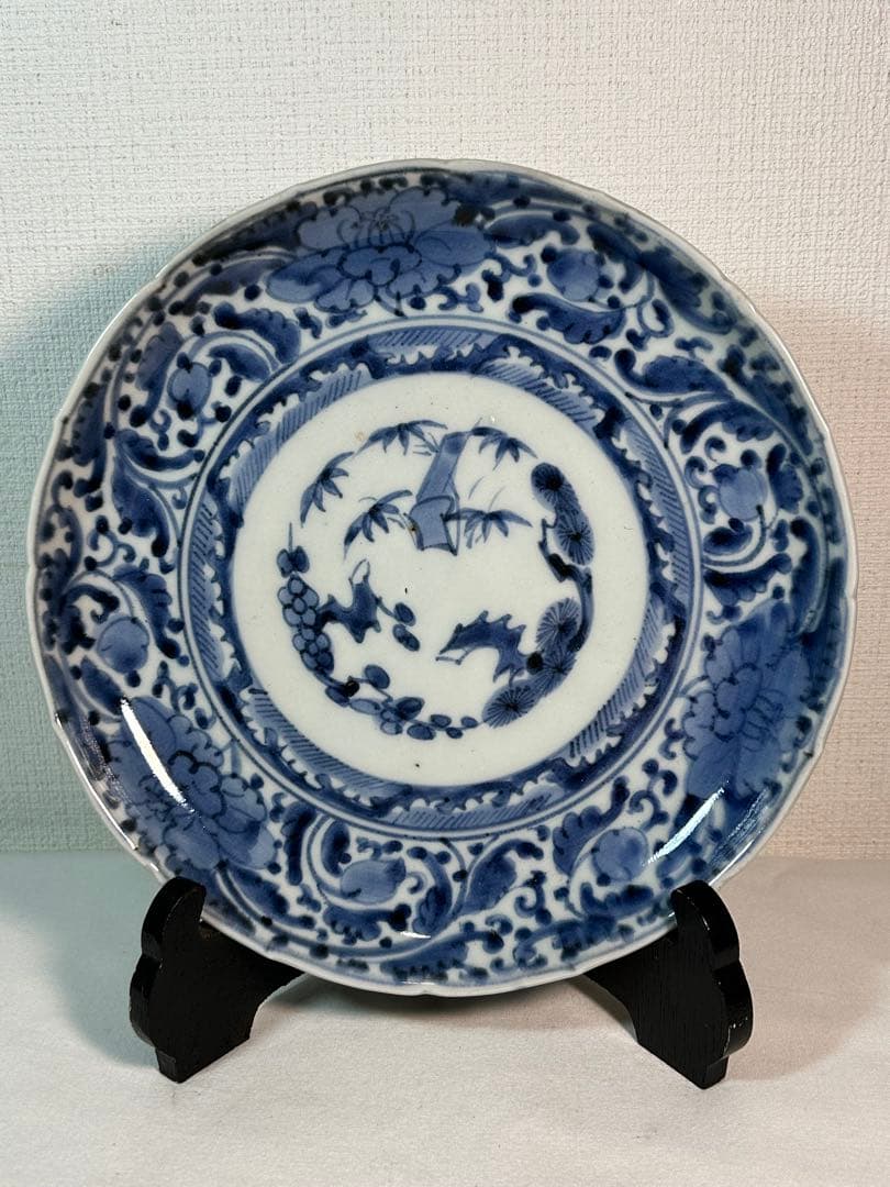 古伊万里染付7寸皿 牡丹唐草　江戸時代 2枚　無傷