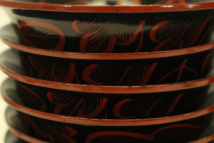 朱漆 輪花模様 小皿 十件 時代物(A733)