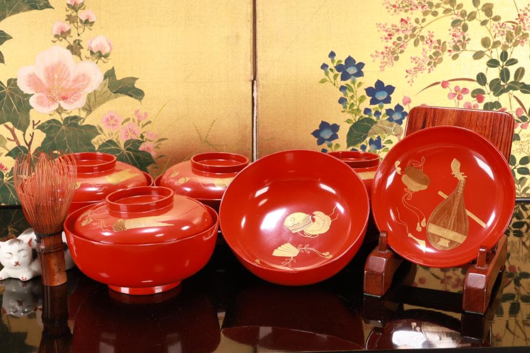 BK106　時代輪島塗　雅楽楽器図金蒔絵　吸物椀　五客　木製　懐石 会席 菓子