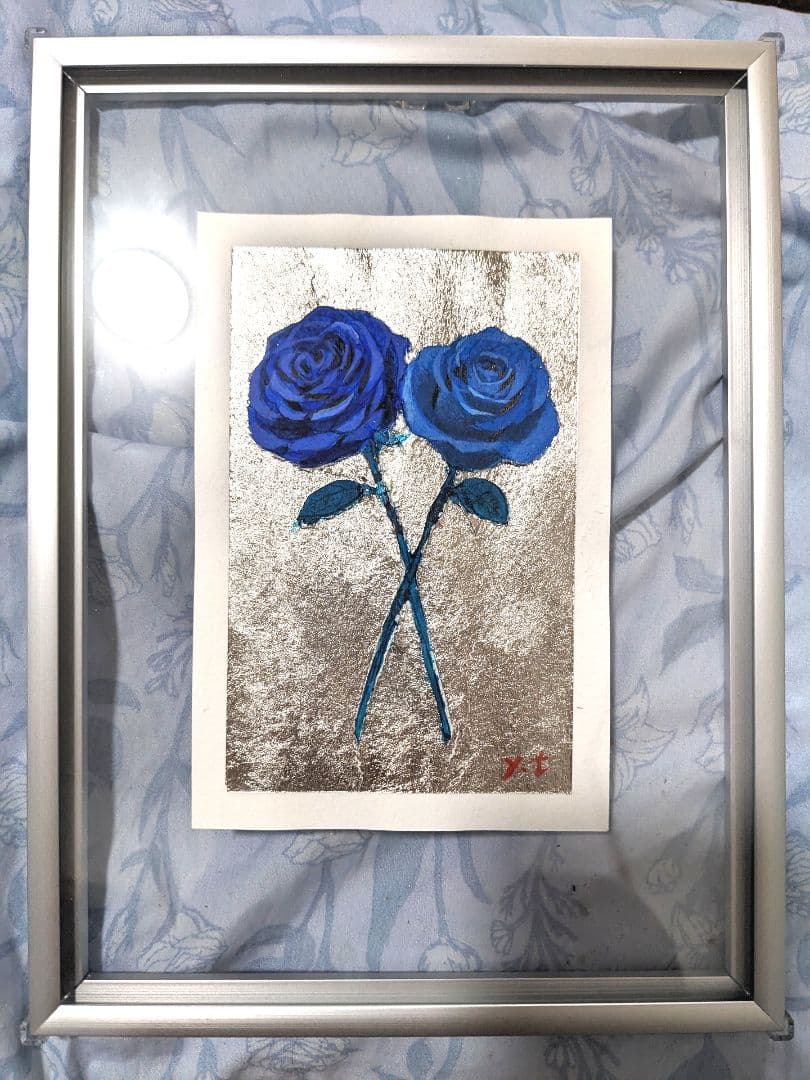 最高級プラチナ箔で青薔薇　超美品！値下げ交渉あり。アクリル画　絵画