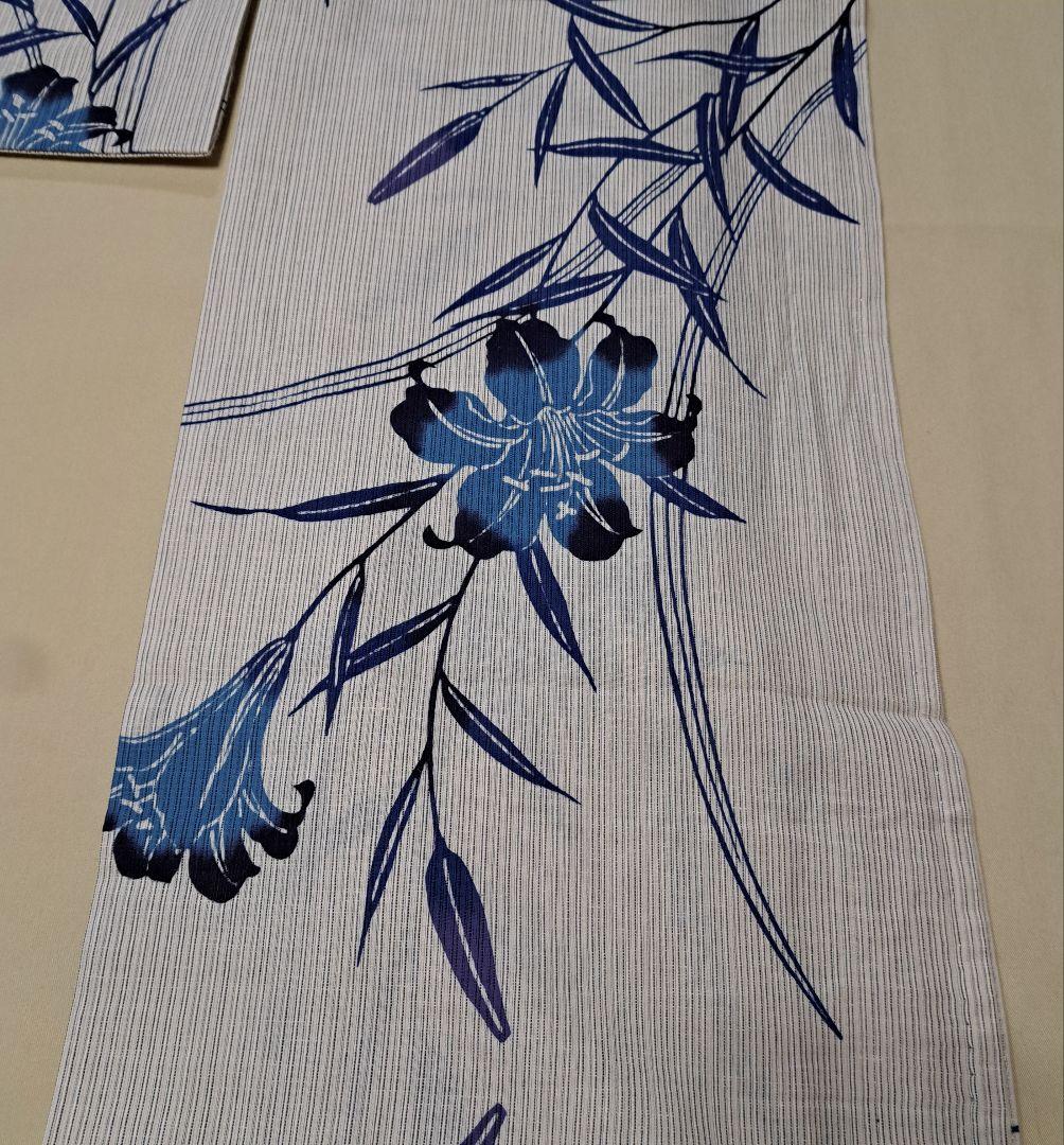 美品 本染め 浴衣　裄67 麻混　百合柄