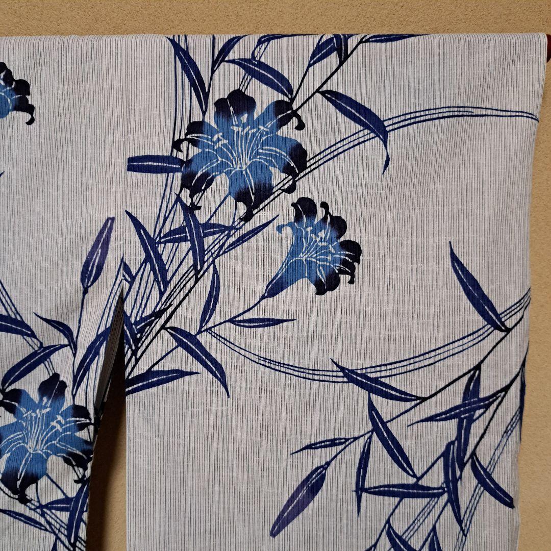 美品 本染め 浴衣　裄67 麻混　百合柄