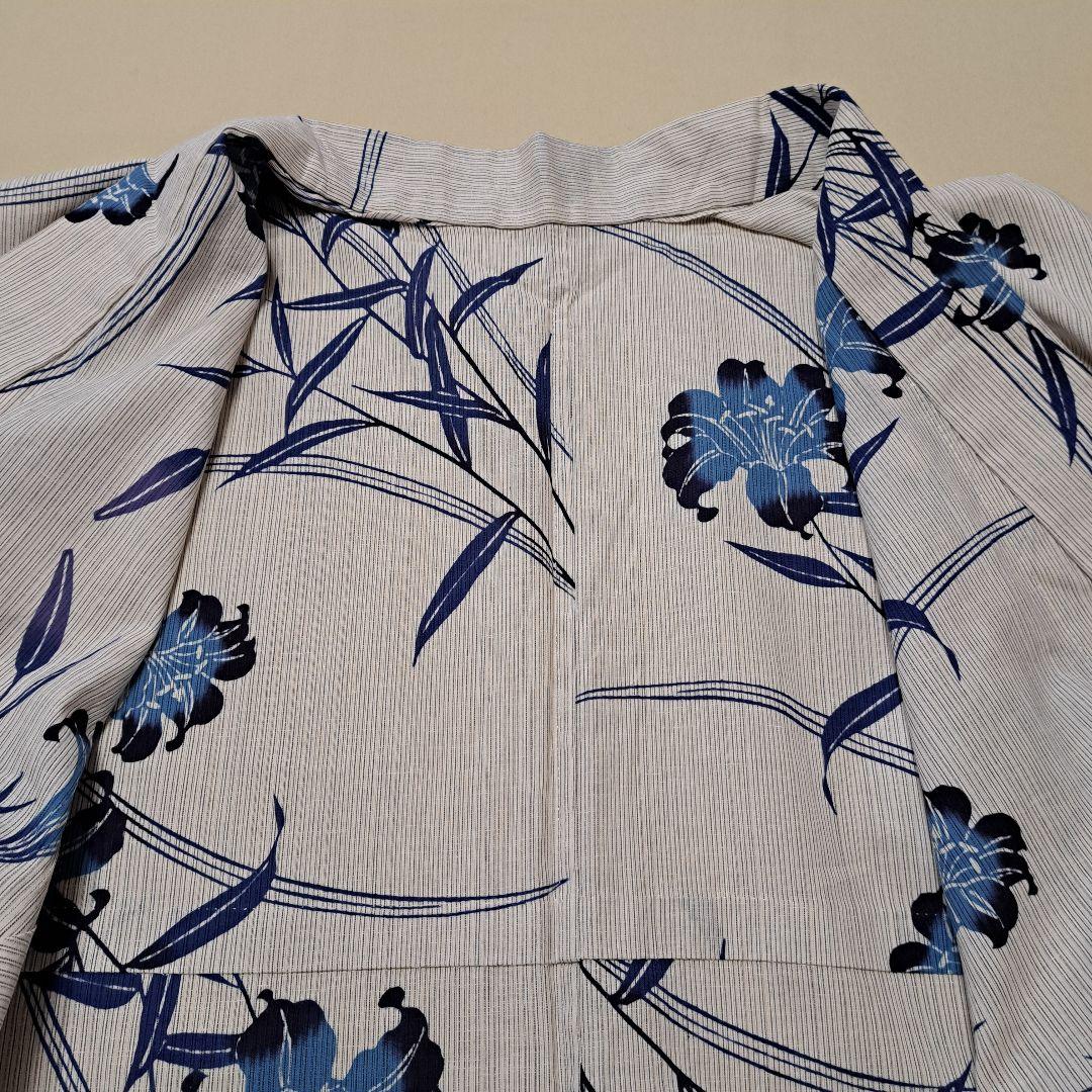 美品 本染め 浴衣　裄67 麻混　百合柄