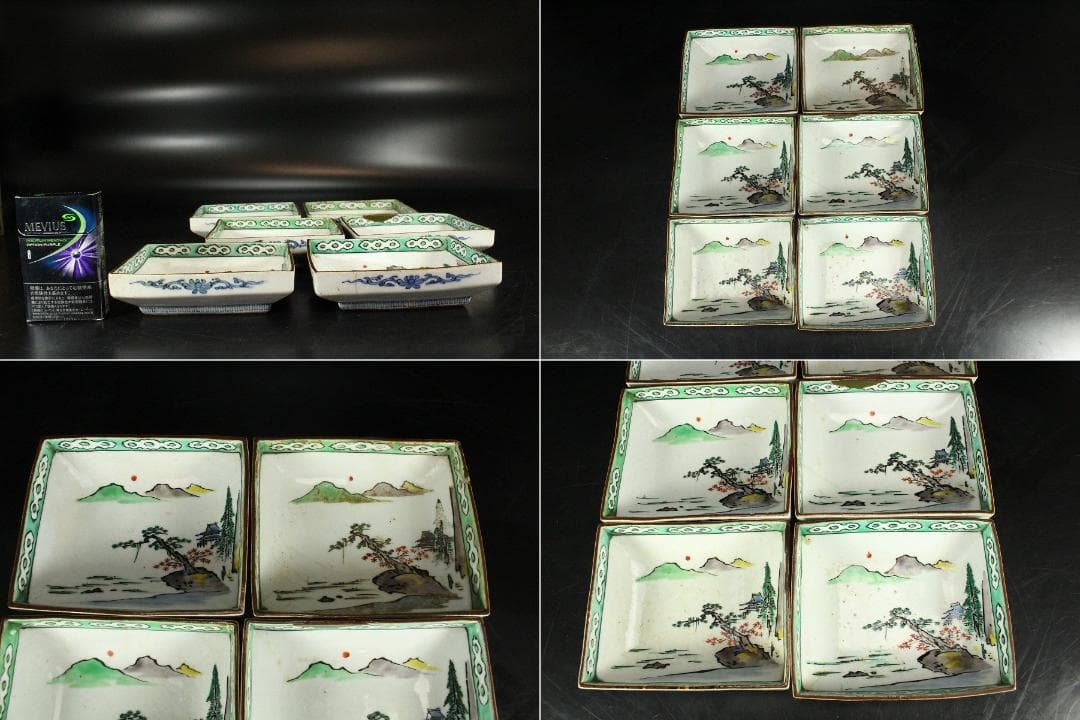 古九谷 四方 皿 六客 時代物(K-XA844)