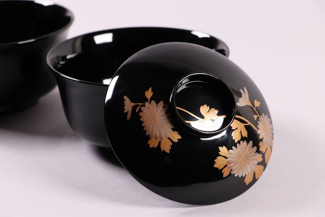 木製漆器 菊花蒔絵 黒塗 椀 五客 漆芸 茶懐石 会席道具 草花【MA286】