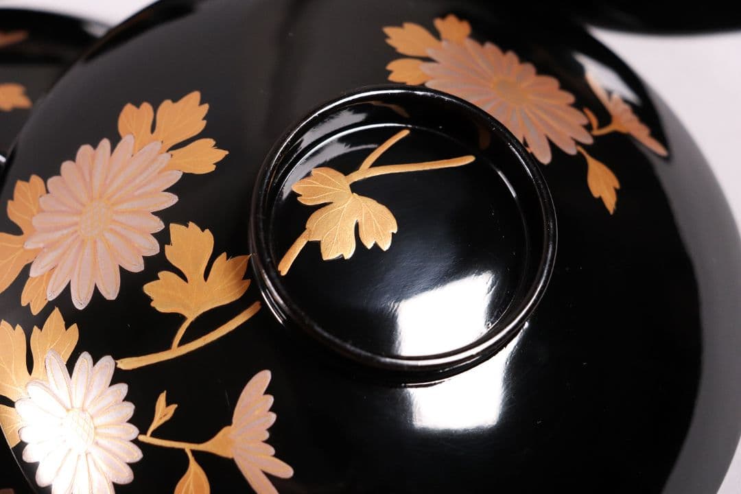 木製漆器 菊花蒔絵 黒塗 椀 五客 漆芸 茶懐石 会席道具 草花【MA286】