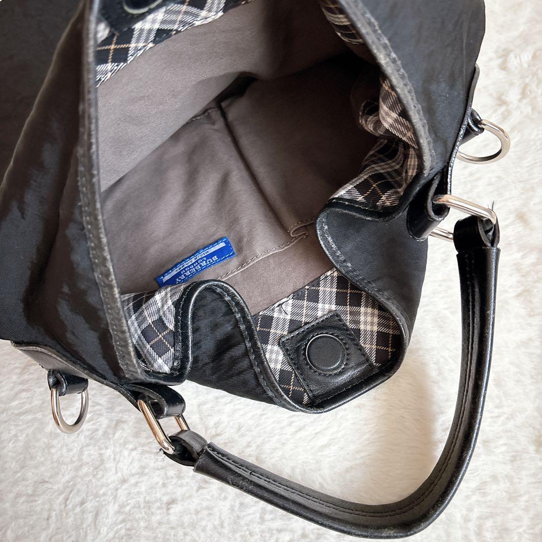 バーバリーブルーレーベル 2way ショルダーバッグ ナイロン×レザー 黒