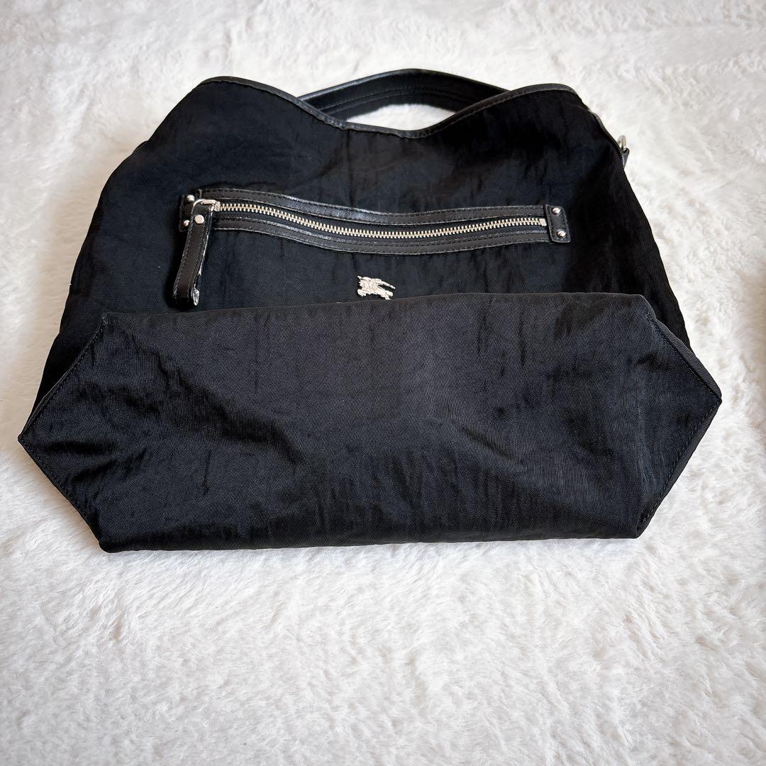 バーバリーブルーレーベル 2way ショルダーバッグ ナイロン×レザー 黒