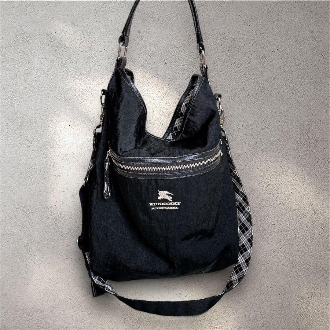 バーバリーブルーレーベル 2way ショルダーバッグ ナイロン×レザー 黒