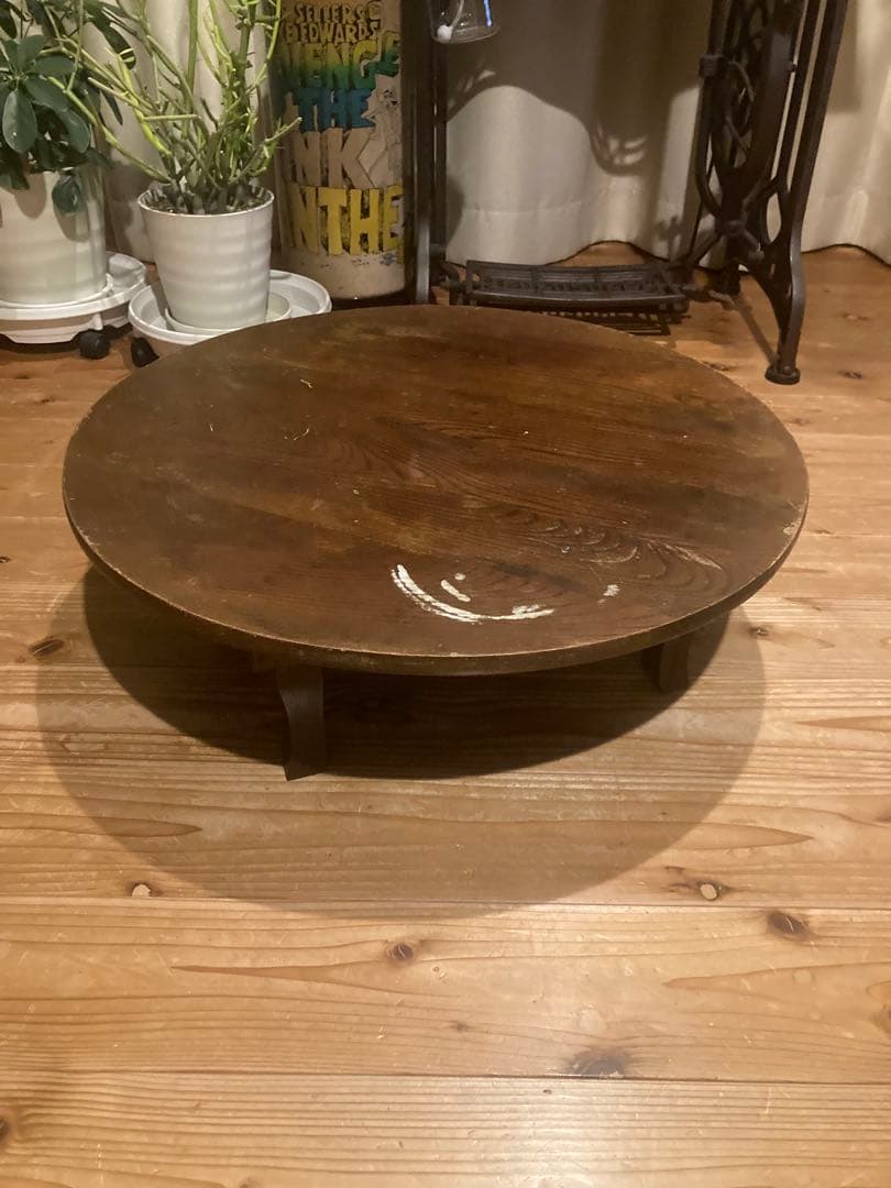昭和レトロ　古い木製丸ローテーブル　折畳丸ちゃぶ台14直径600