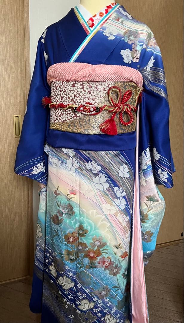 あきこ ☆ 振袖 青 3点セット 着付け練習に♪ 秋山庄太郎 落款あり