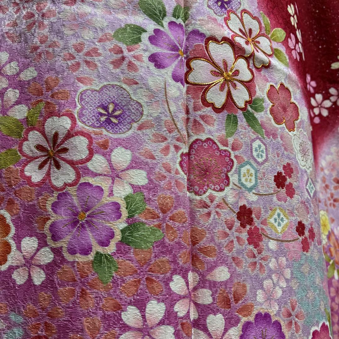 【振袖フルセット】+小物セット 豪華百花文様 深紅 銀糸 7点セット