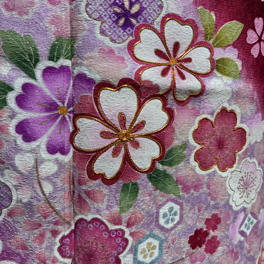 【振袖フルセット】+小物セット 豪華百花文様 深紅 銀糸 7点セット