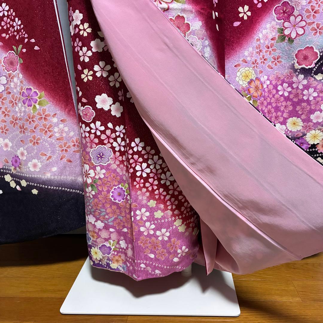 【振袖フルセット】+小物セット 豪華百花文様 深紅 銀糸 7点セット