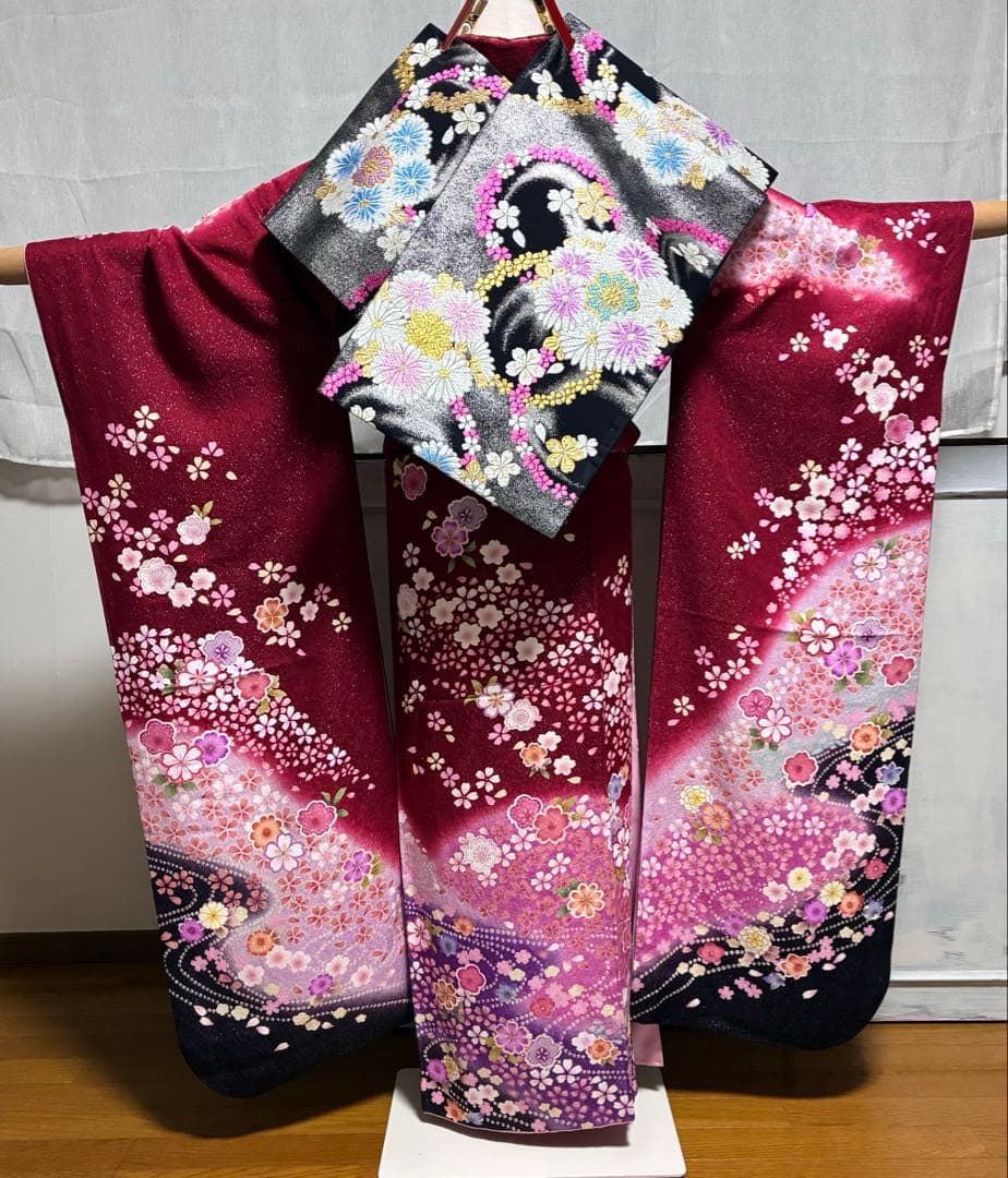 【振袖フルセット】+小物セット 豪華百花文様 深紅 銀糸 7点セット