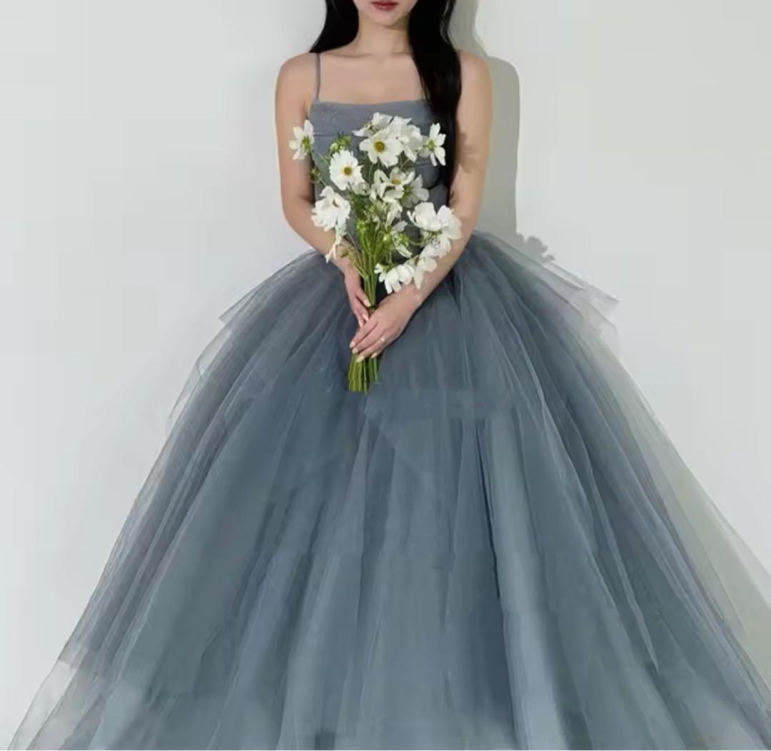 【美品】カラードレス　韓国Aラインイブニングドレス　ブルー