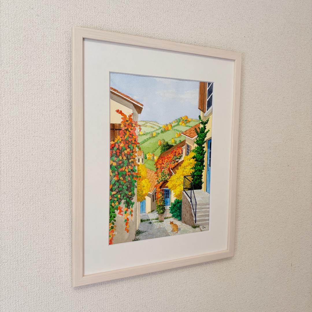 透明水彩画　原画　「オータムヴィレッジ02」額縁付き　F4サイズ　風景画