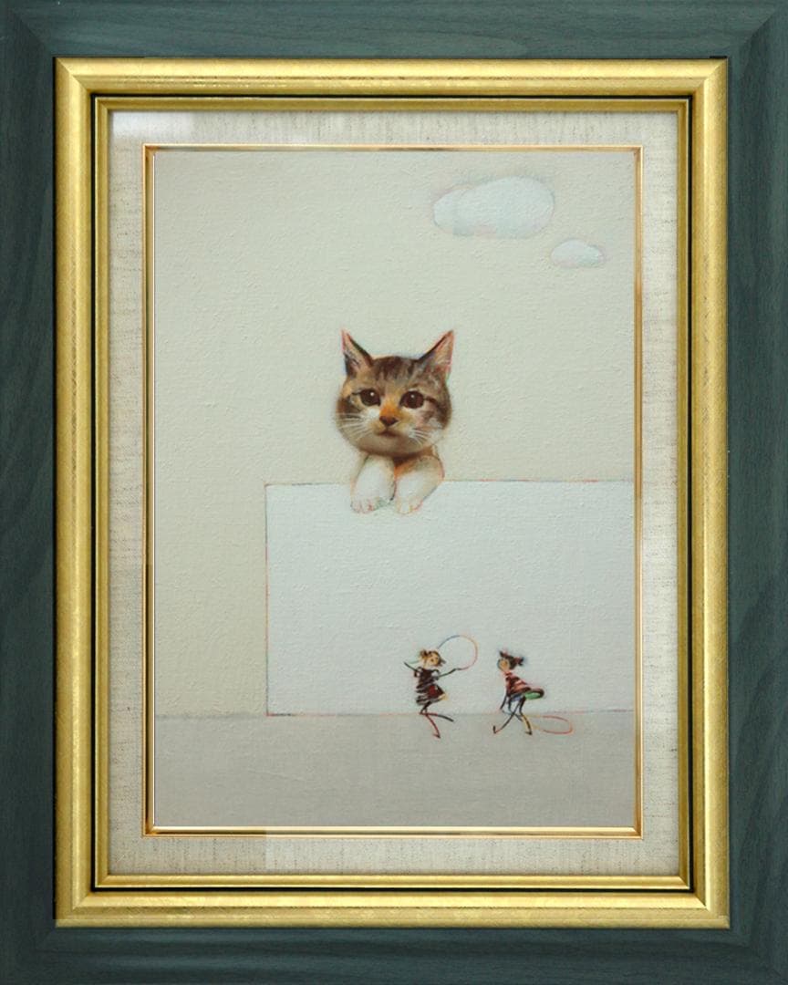 油絵 菅家令子 絵 絵画インテリア額付(青緑＋金色の枠)F4-091218猫女子