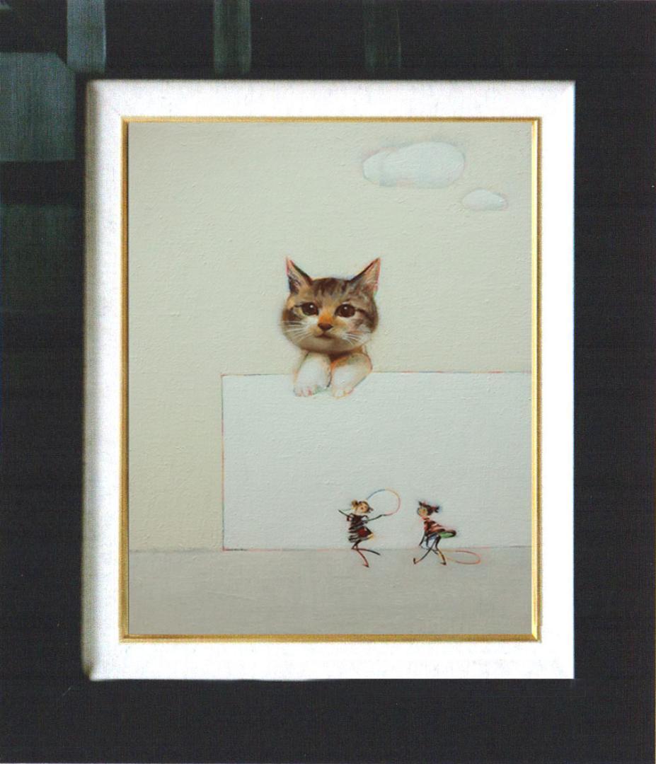 油絵 菅家令子 絵 絵画インテリア額付(青緑＋金色の枠)F4-091218猫女子