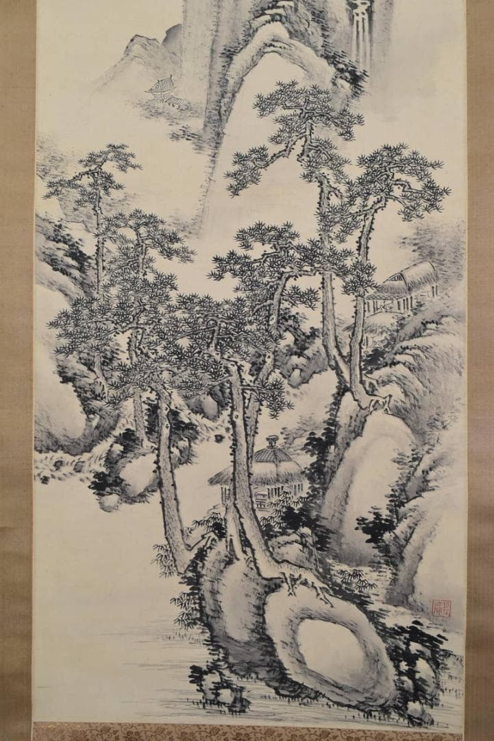 【真作】河邨紅外/山水図/掛軸☆宝船☆AB-68