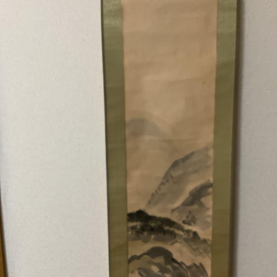 紙本水墨山水画 【 木曾川下り 】 作者不詳 落款印譜在 表具緞子仕立