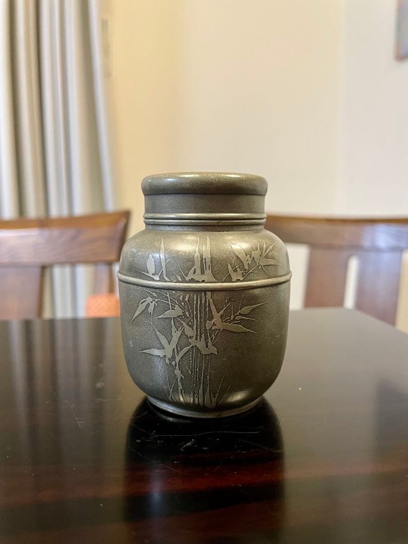 林克瑞製 古錫製 梅竹文茶入 茶壷 茶心壺 煎茶道具 錫茶入　アンティーク