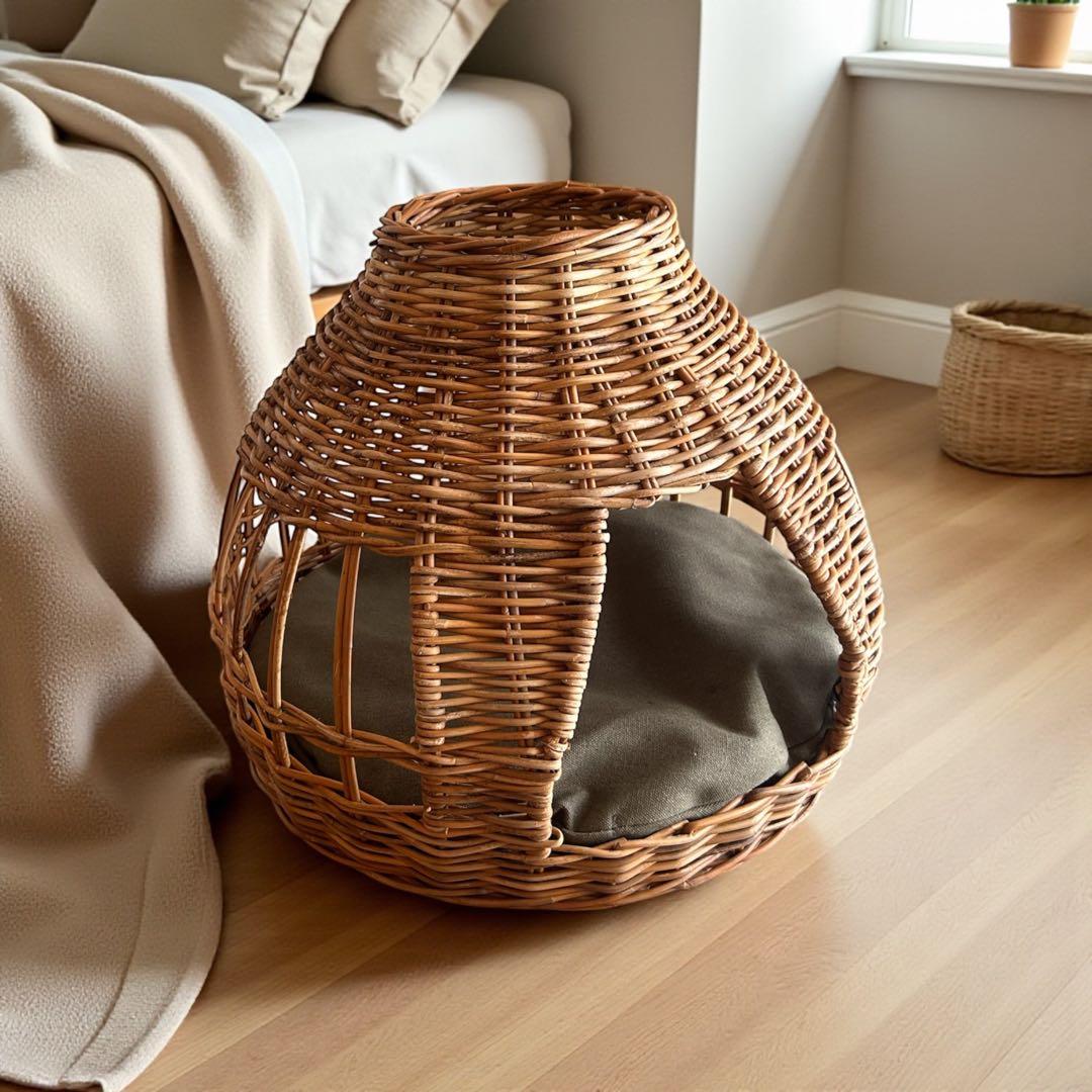 天然皮付き等籐アラログ　猫ちぐら　猫のおうち　キャットハウス　ベットハウス