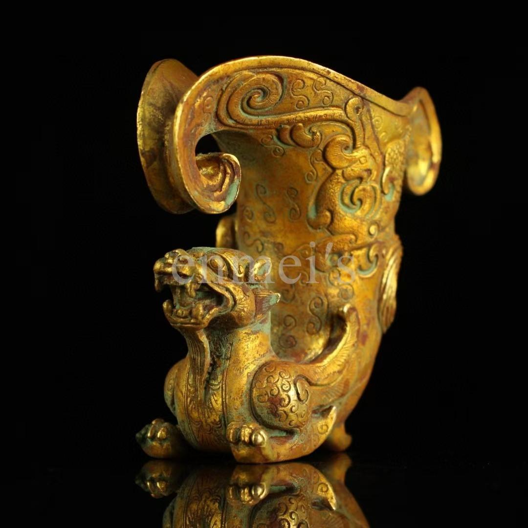 旧蔵 純銅製 鎏金 獣形 酒杯 古銅器 お酒用グラス・純手作り・案頭・酒具・置物