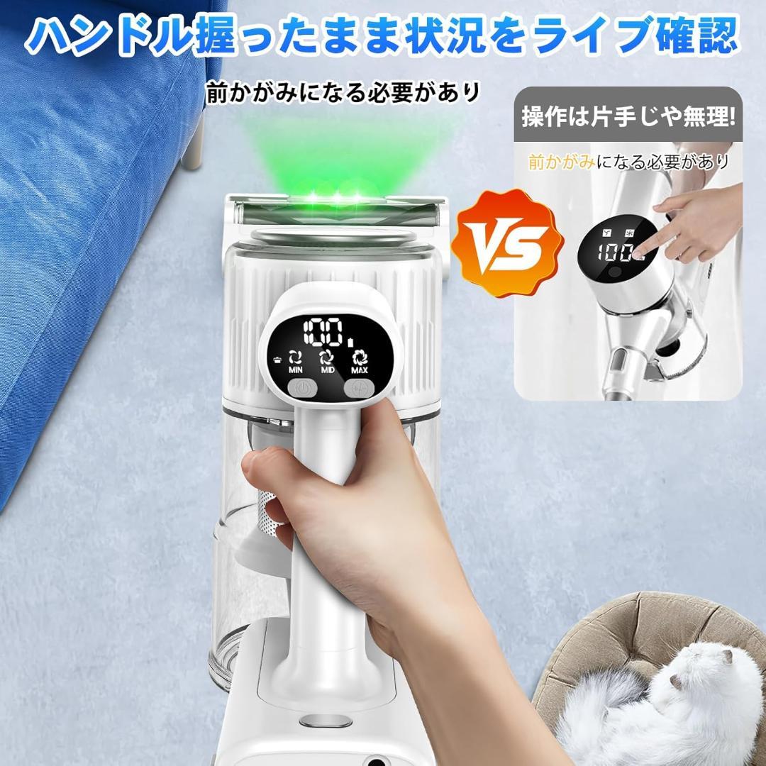 掃除機 コードレス 65Kpa強力吸引 50分連続稼働 グリーンLEDライト 白
