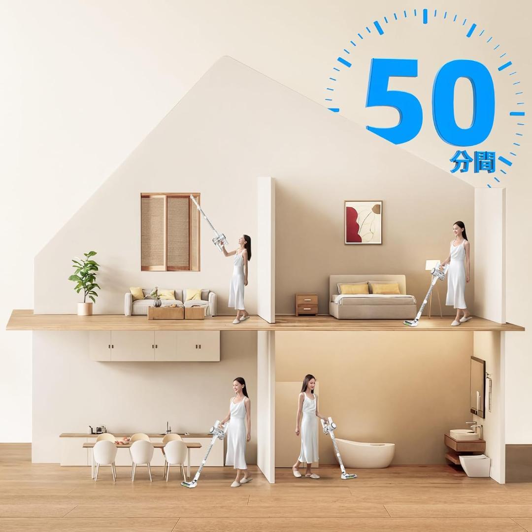 掃除機 コードレス 65Kpa強力吸引 50分連続稼働 グリーンLEDライト 白