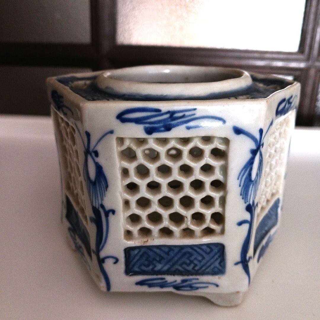 古伊万里　染付六角透かし盃台