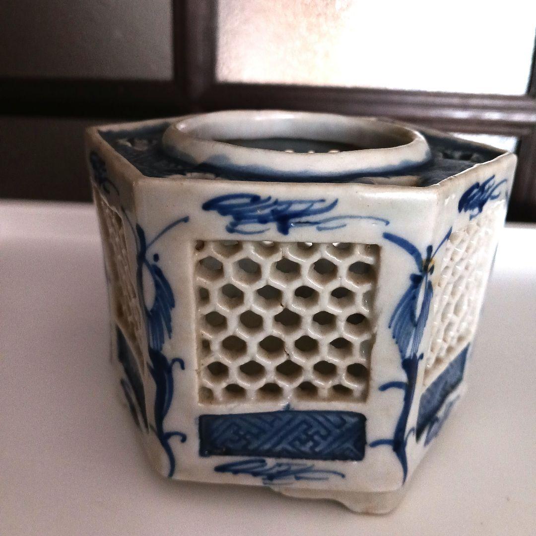 古伊万里　染付六角透かし盃台