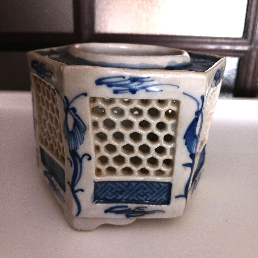 古伊万里　染付六角透かし盃台