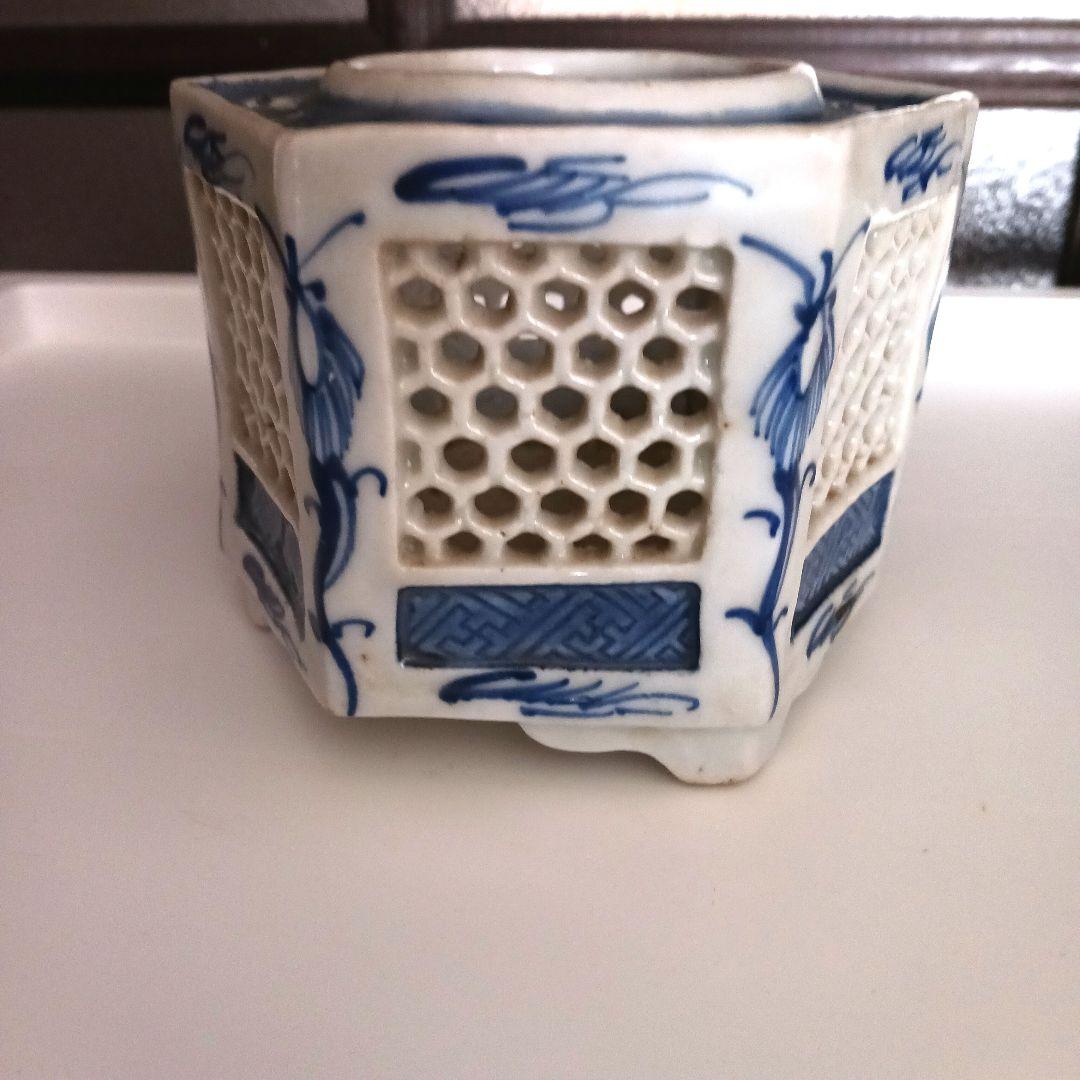 古伊万里　染付六角透かし盃台