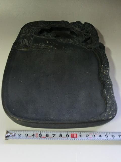 硯●鹿紋 蝙蝠 漢文彫り 松渓里水 大きい古硯石 書道道具 古玩■2.43kg