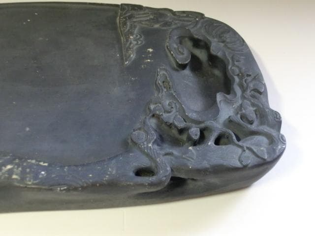 硯●鹿紋 蝙蝠 漢文彫り 松渓里水 大きい古硯石 書道道具 古玩■2.43kg