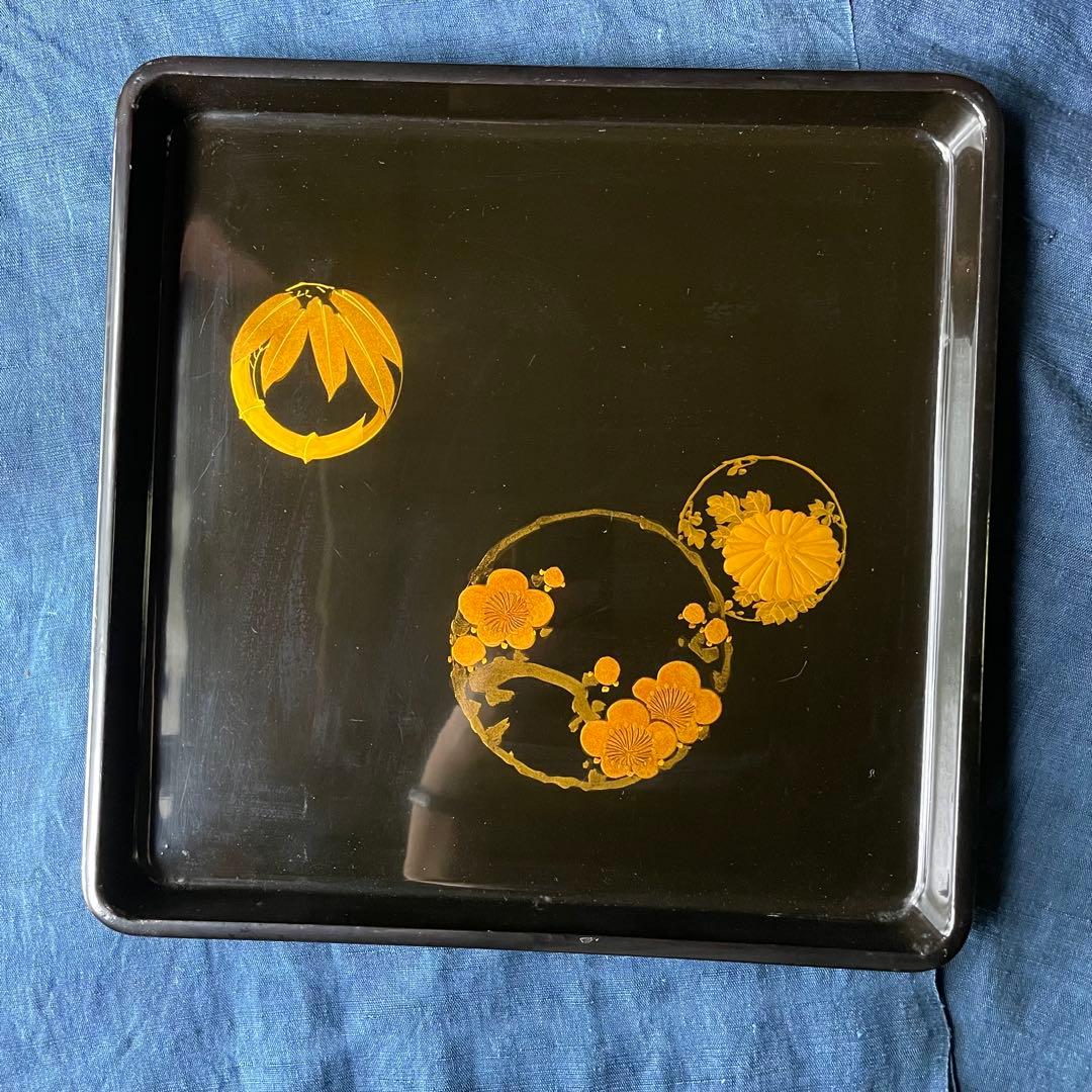 黒塗り四方盆 竹梅菊 30㎝×30㎝ 漆器 お盆 盆 木製漆器