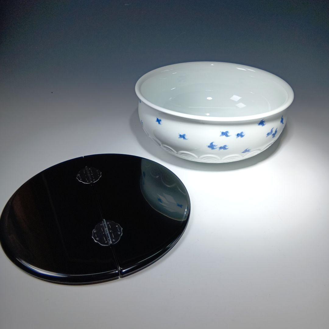 値下げ茶道具　平戸焼　横石嘉助作　白磁染付千鳥平水指　共箱　美品