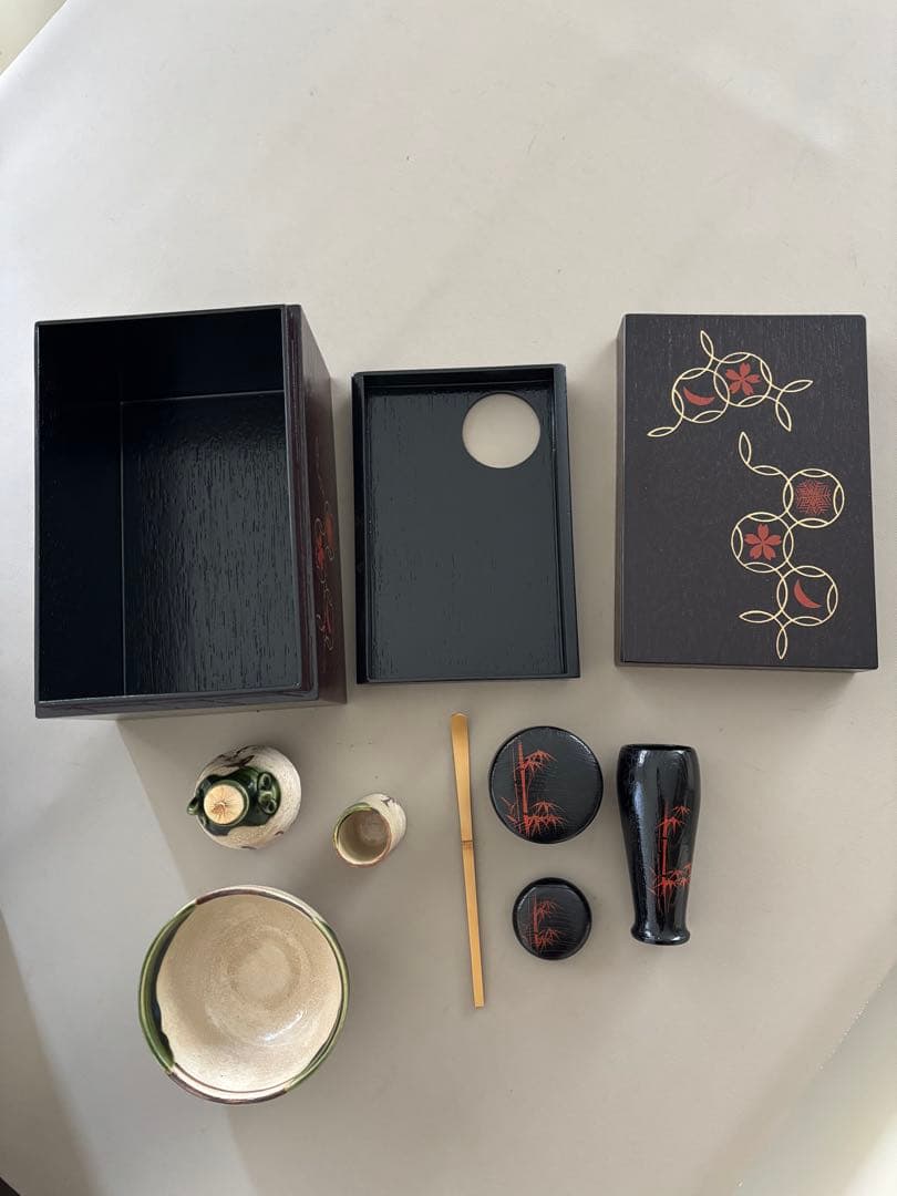 茶道具 搔き合わせ 溜め色 塗り 四季七宝蒔絵 未使用茶箱 おまけセット付き