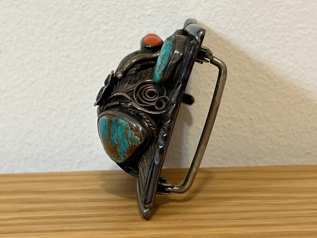 ネイティブ・アメリカン ベアクロー・ターコイズ・コーラル装飾アンティークバックル