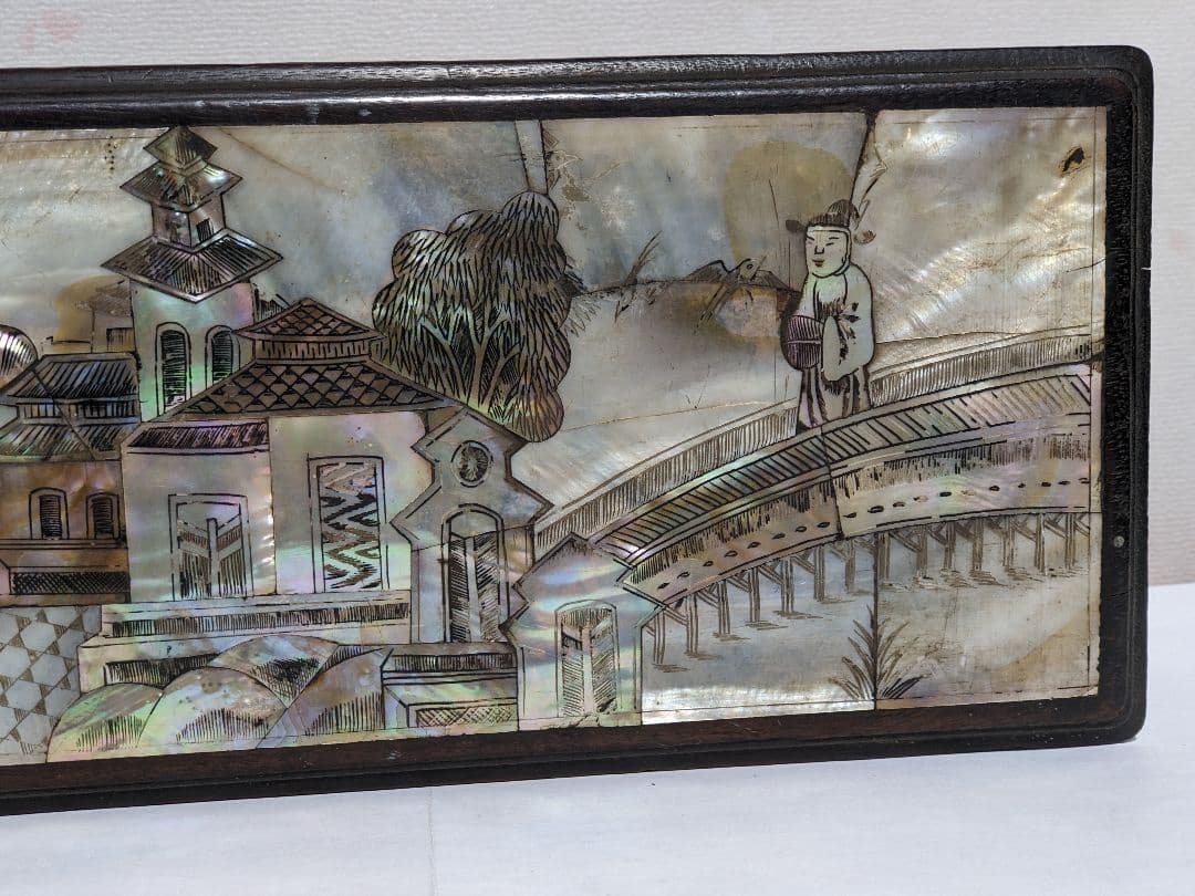 ⭐古美術品 清時代 中国 朝鮮 李朝 楼閣 橋人物図 螺鈿細工 手箱 骨董品